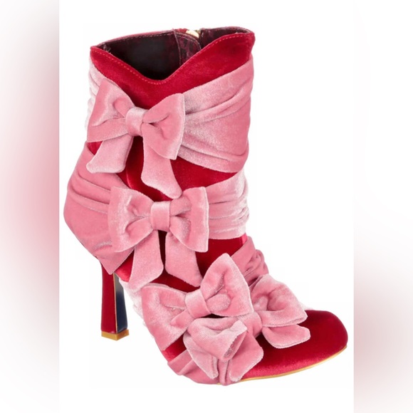 Irregular Choice Unwrap Me Pink and Red Velvet Boots - Picture 3 of 12